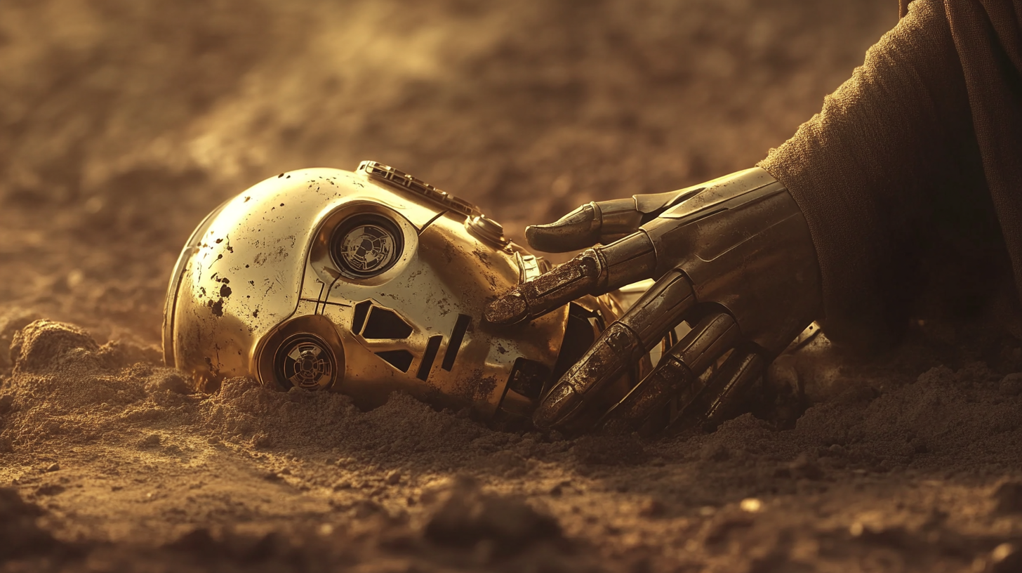 C3PO in dirt, touched by robed arm.