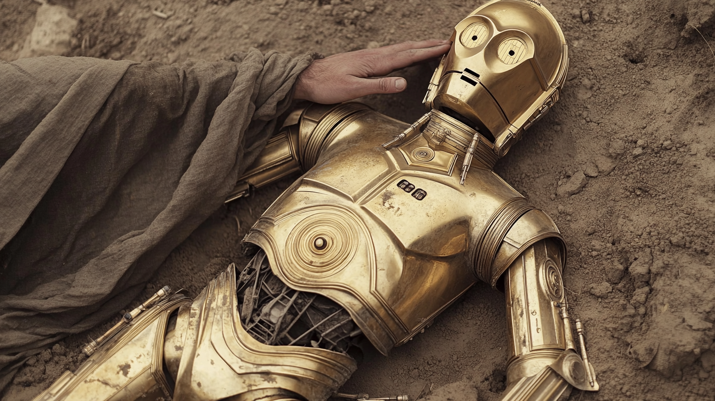 C3PO repaired by mysterious figure in desert landscape.