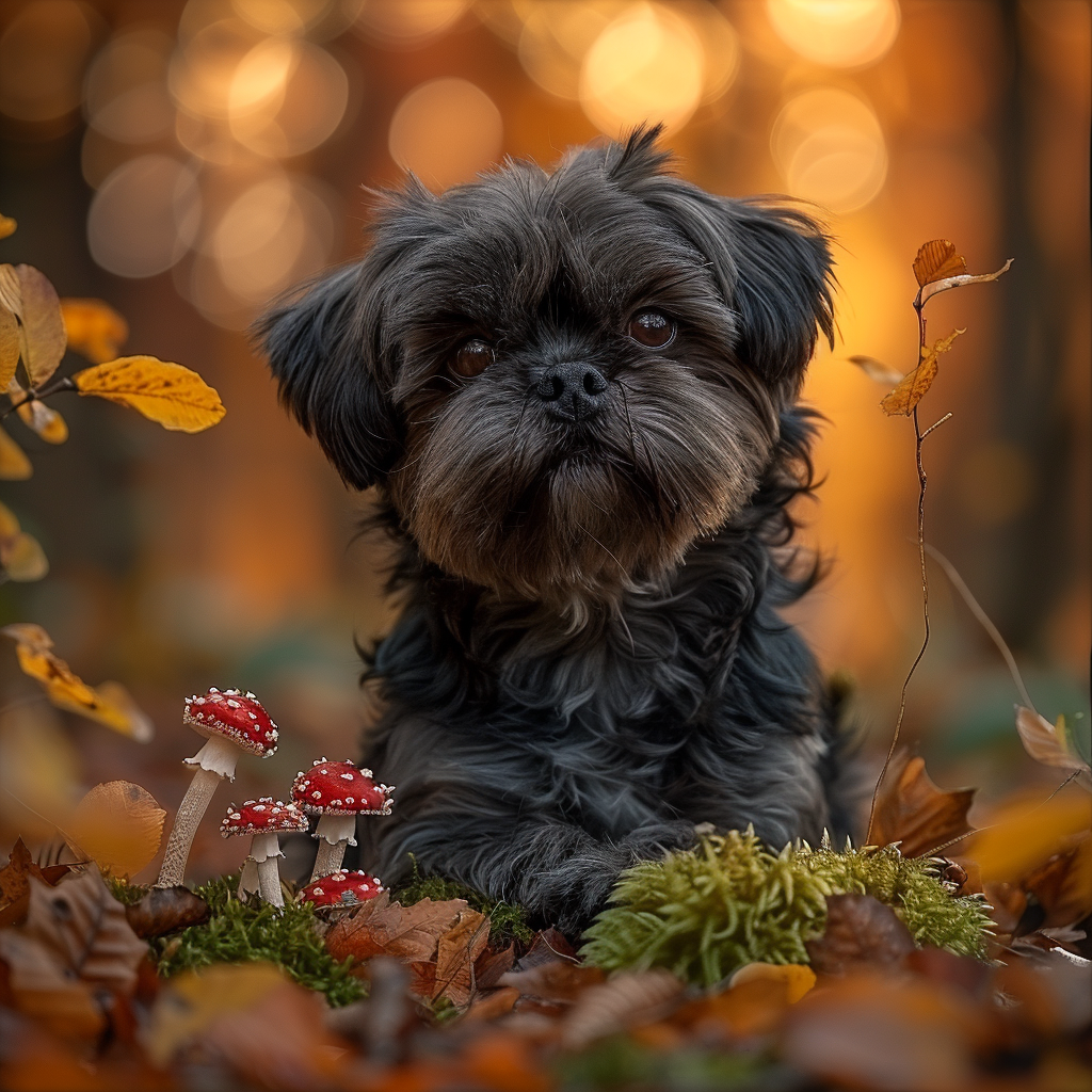 Calm black shih tzu dog surrounded by autumn leaves