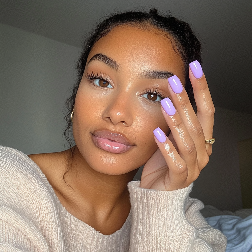 Candid photo of woman showing new lavender nails.