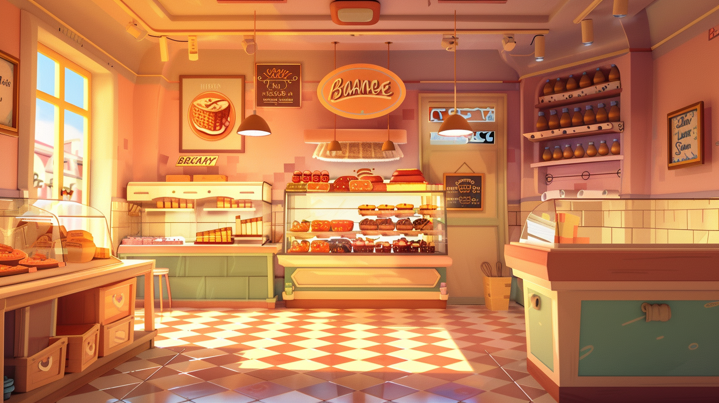 Cartoon Bakery Interior Background: Hybrid Style Graphics 4K