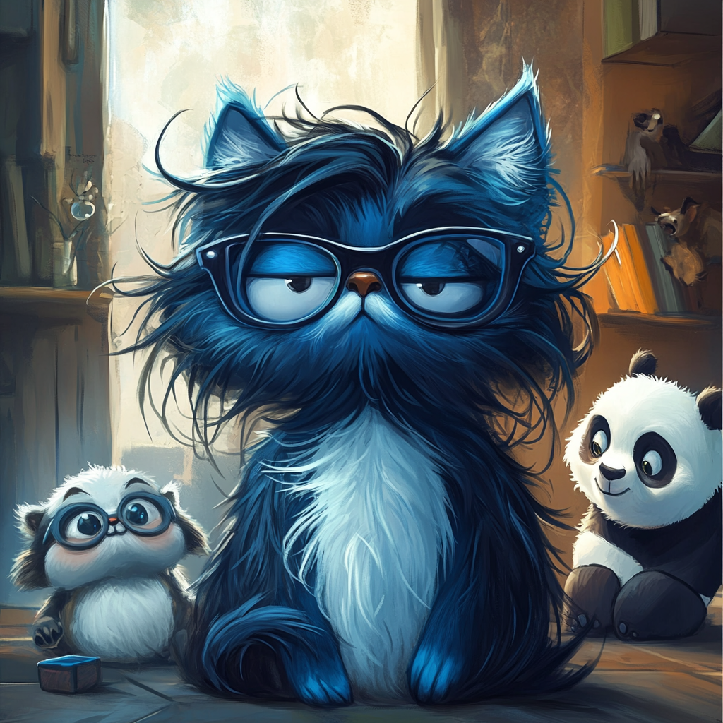 Cartoon cat with blue fur, shaved left side. Sloth, panda cub in background, playful theme.