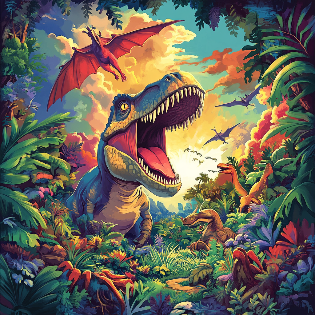 Cartoon dinosaurs in jungle: T-Rex roar, triceratops eat grass, teradactal fly.