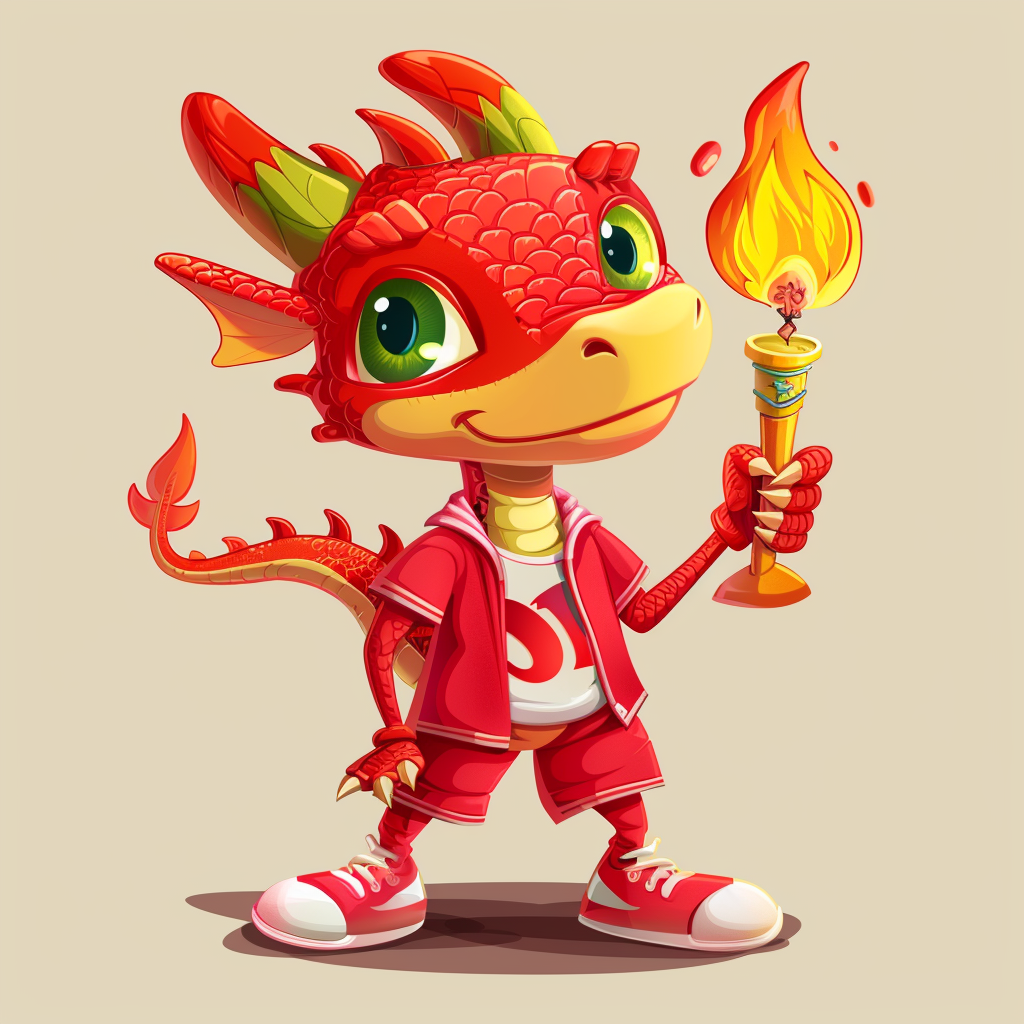 Cartoon dragon holding sports torch, playful, detailed design.