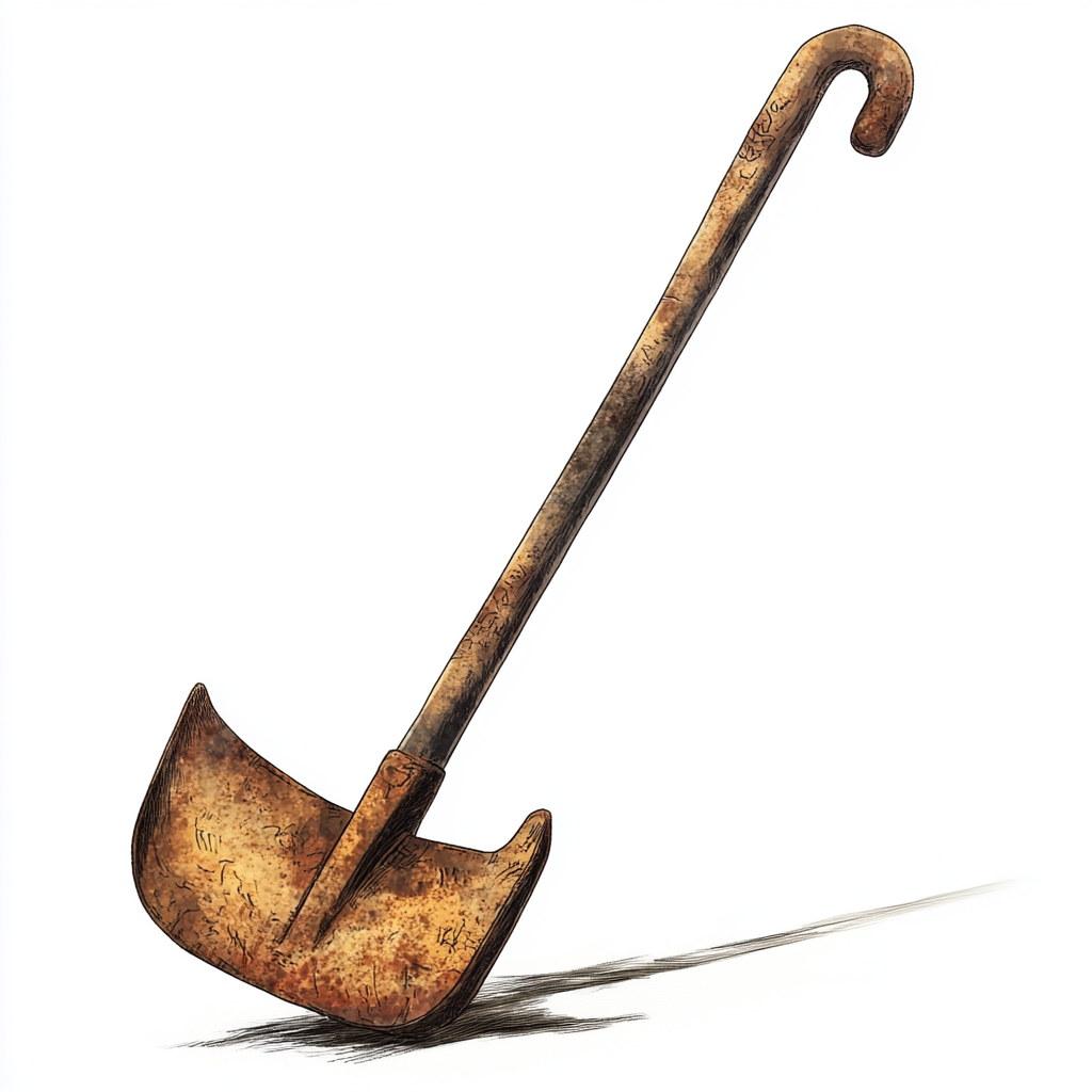 Cartoon image of small garden hoe with hook shape.