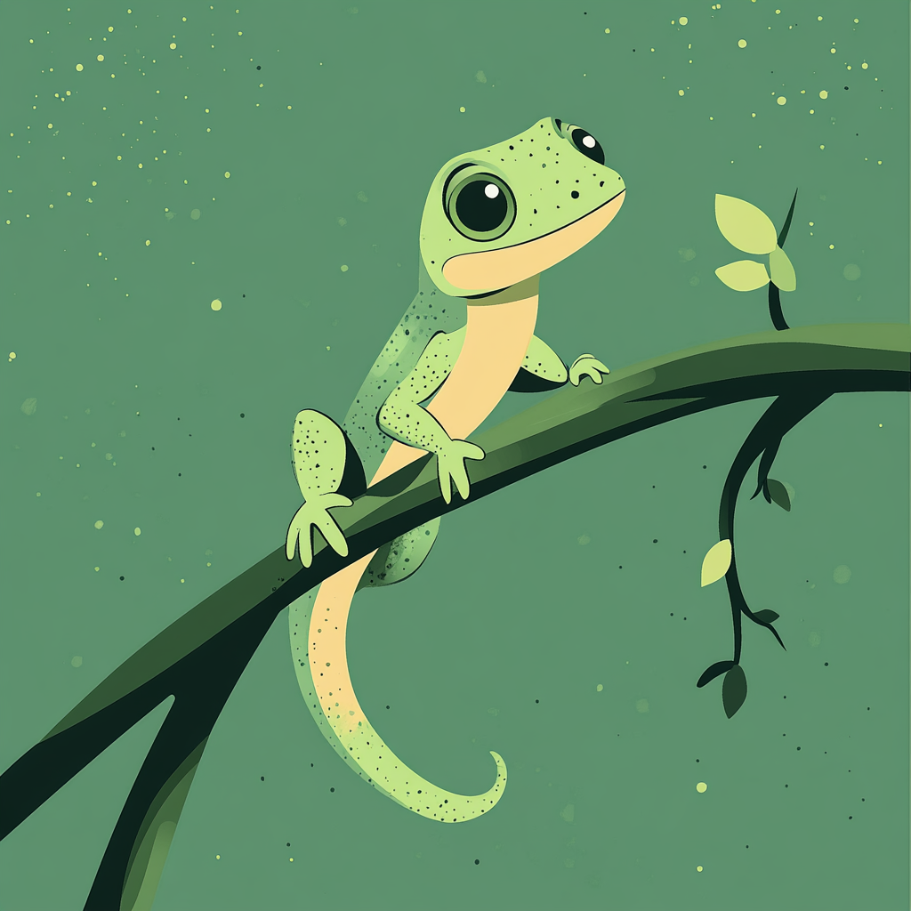 Cartoon lizard climbing branch with small elements on green background.