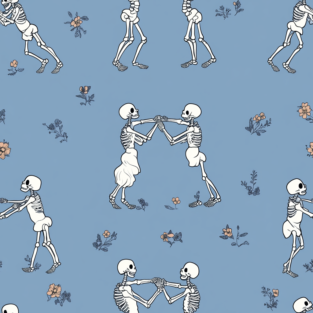 Cartoon skeleton couples slow dance, Edward Gorey style.