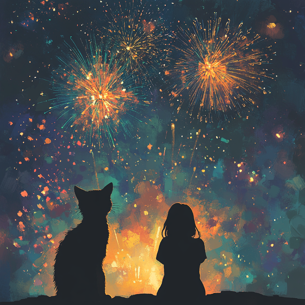 Cat and woman watching fireworks in the sky.