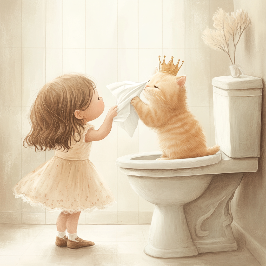 Cat queen throwing tissues into elegant toilet.