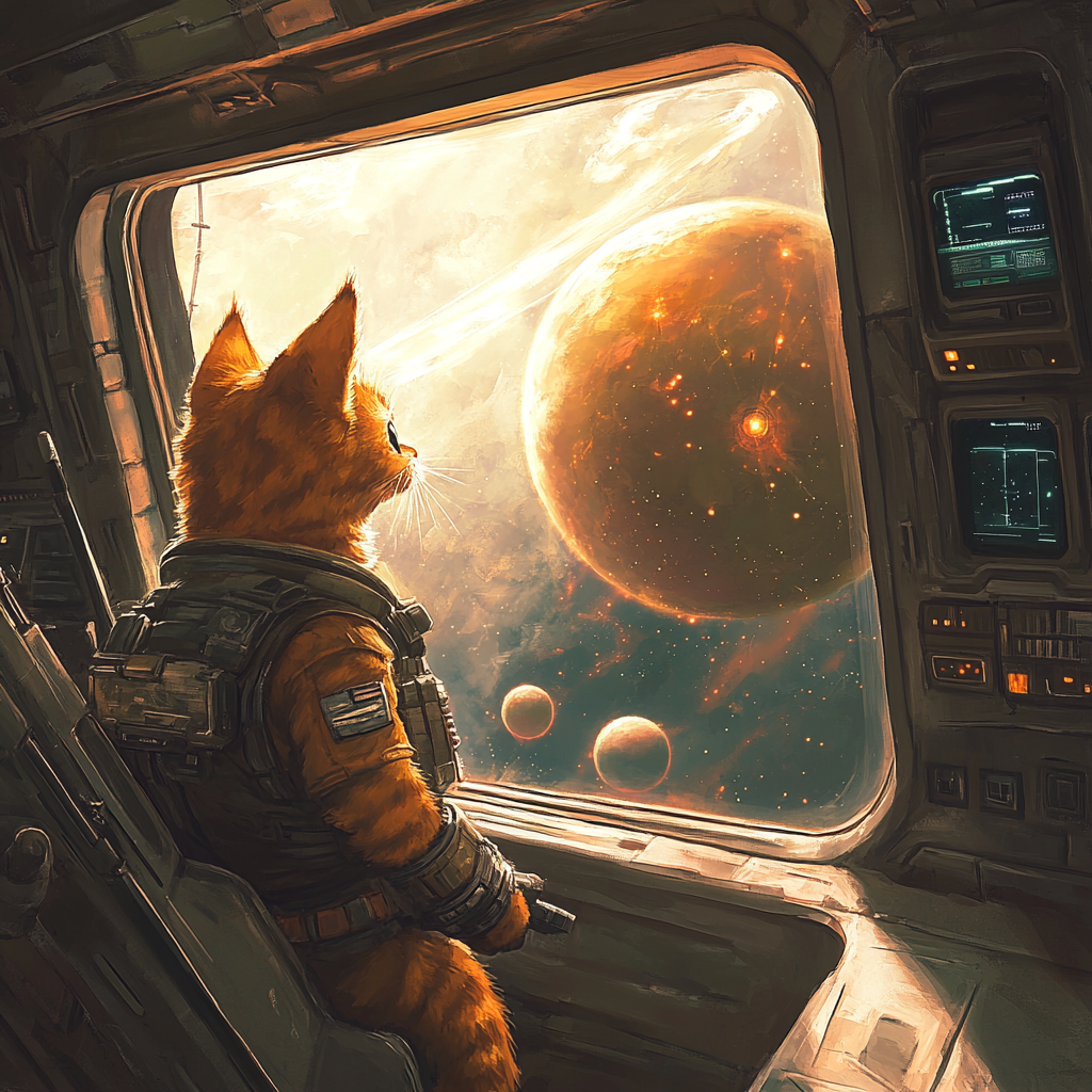 Cat warrior on spaceship bridge, viewing binary star system.