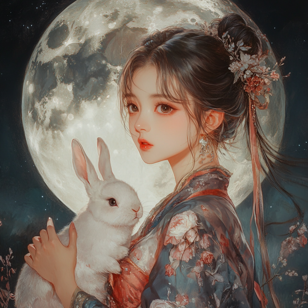 Chang e holds a rabbit by a big moon