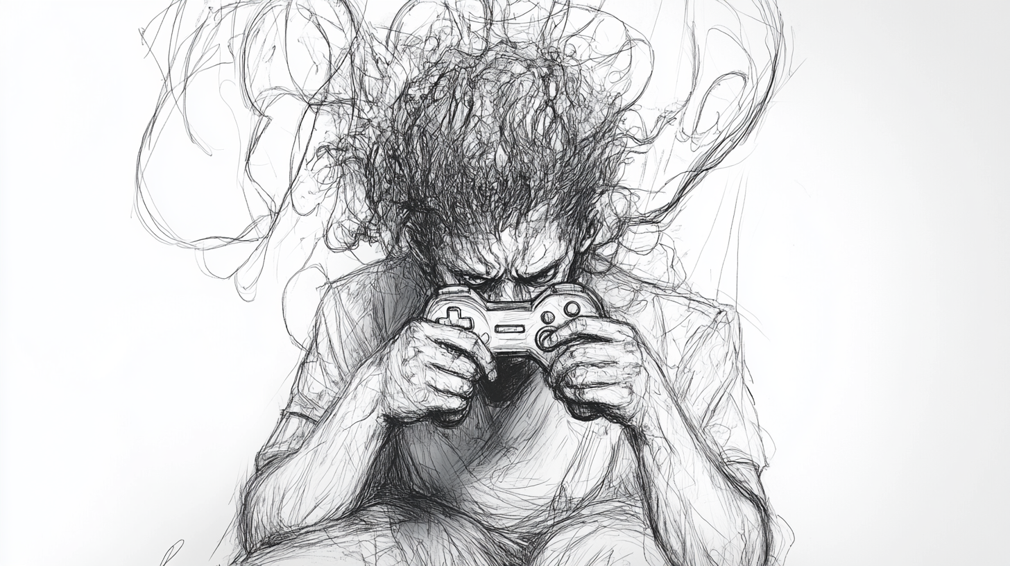 Chaotic figure grips game controller, crying tears of despair.