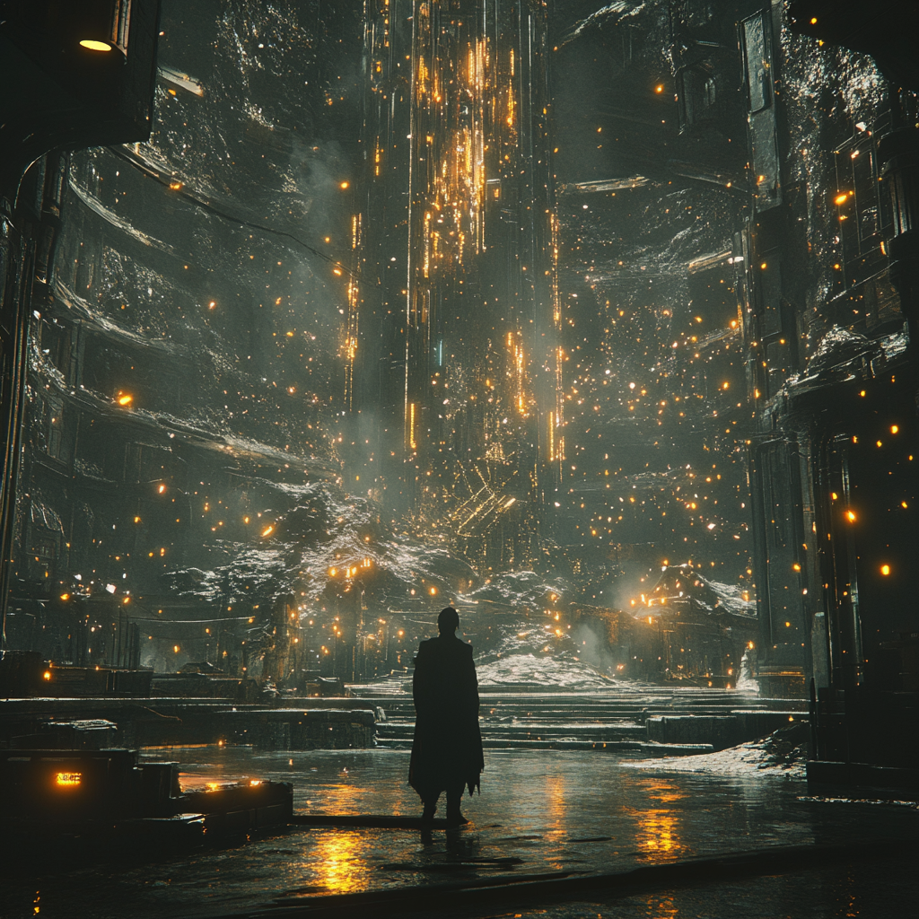 Character standing in dark, golden, silver industrial environment with particles.