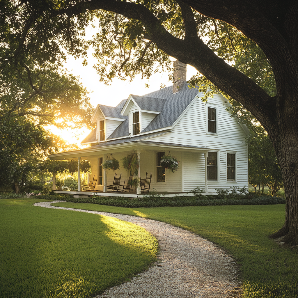 Charmin farmhouse with white exterior and inviting porch.