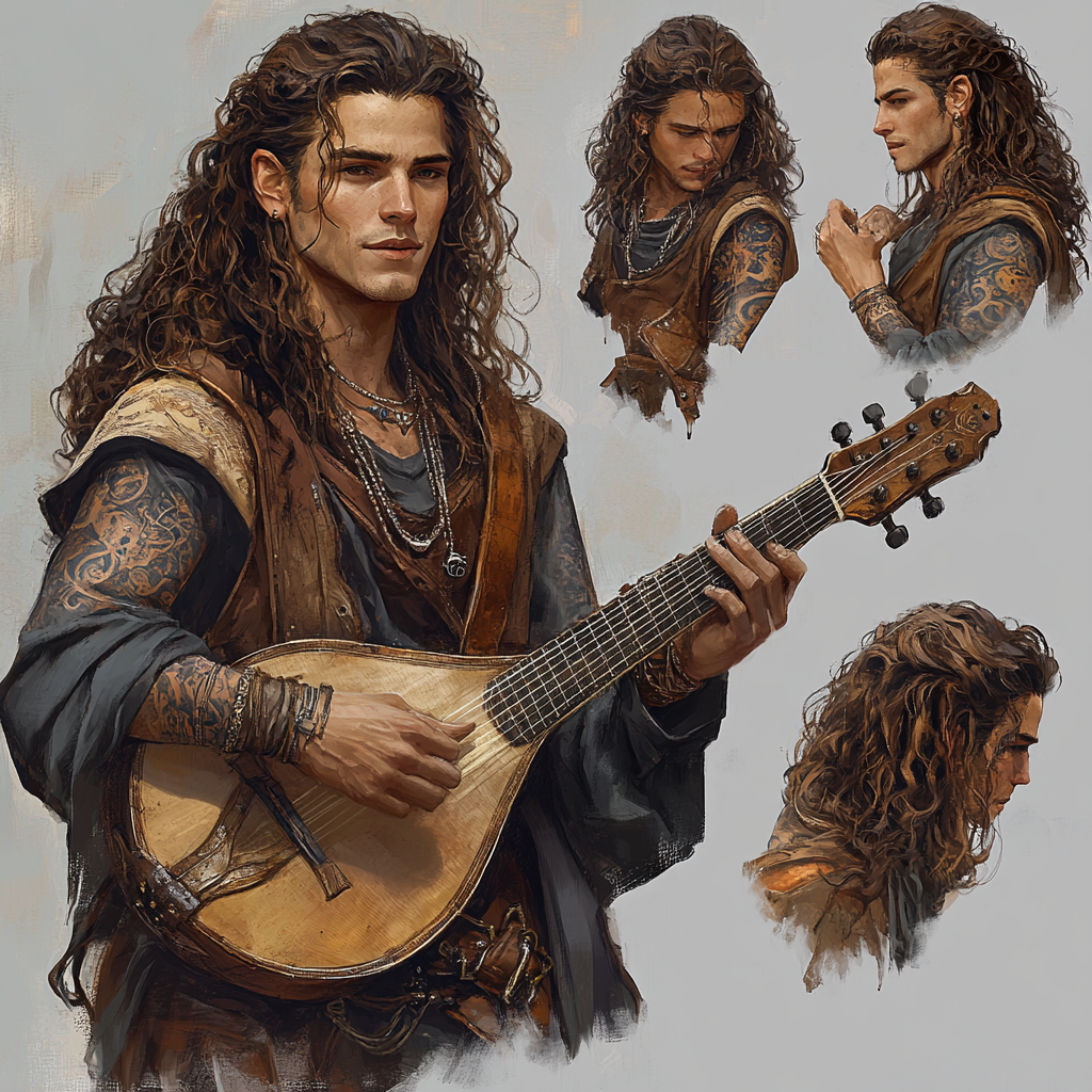 Charming bard with tattooes, piercing, long curly hair, lute.