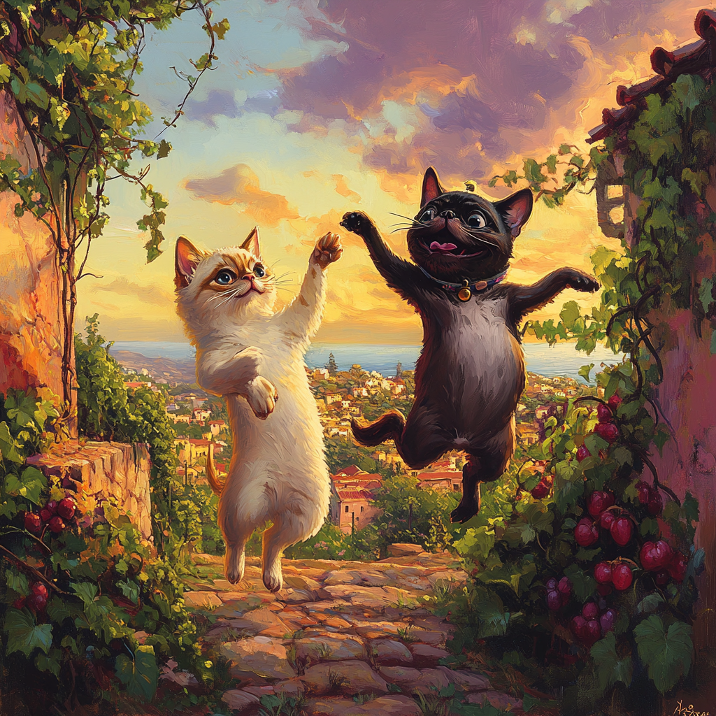 Cheerful Siamese cat and goofy Pug dancing in vineyard