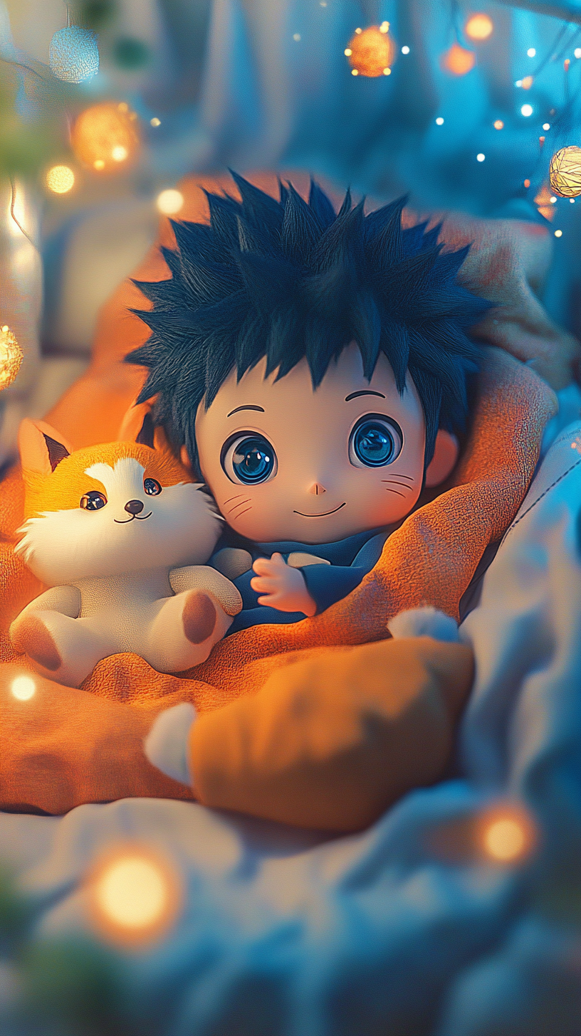 Chibi Baby Naruto hugging plush fox in cute crib.