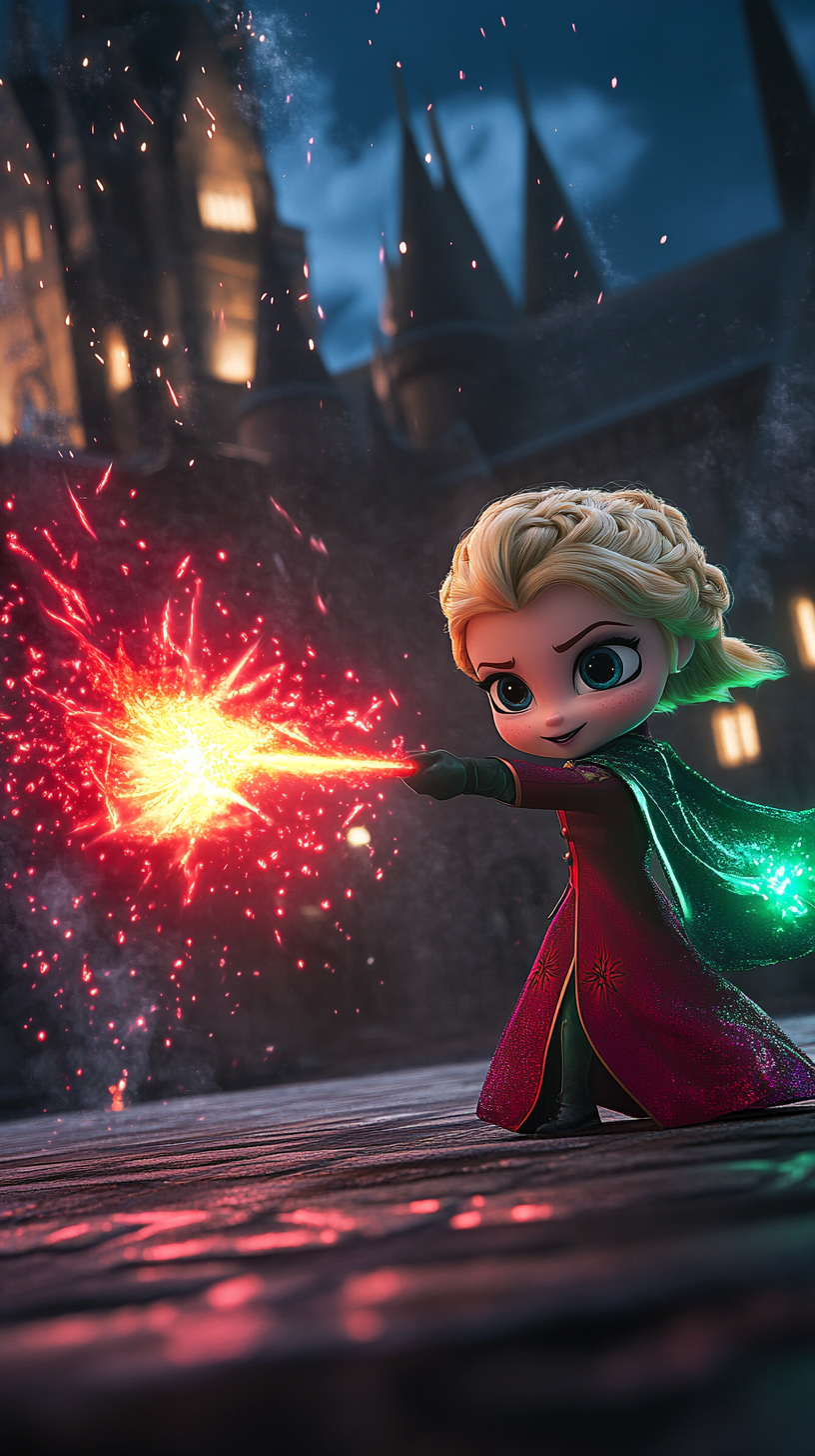 Chibi Groot and Elsa duel with powerful spells at Hogwarts.