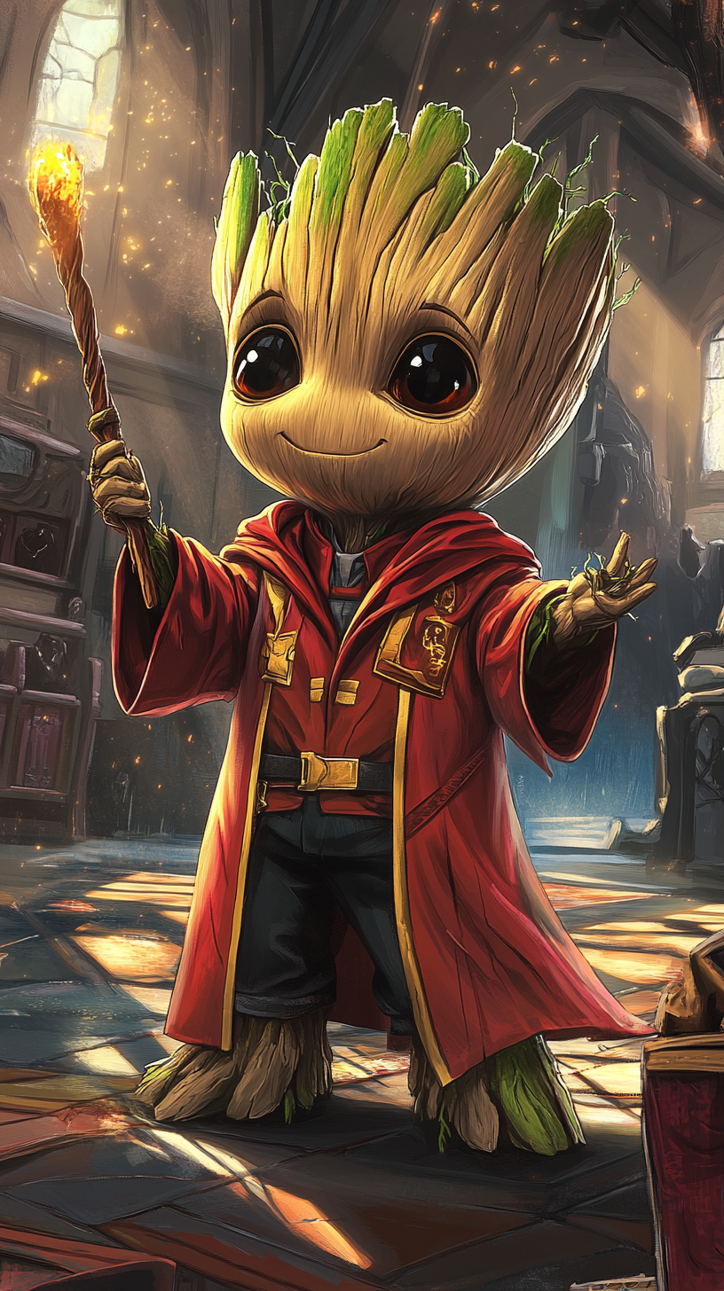 Chibi Groot in Gryffindor robes casting spells bravely