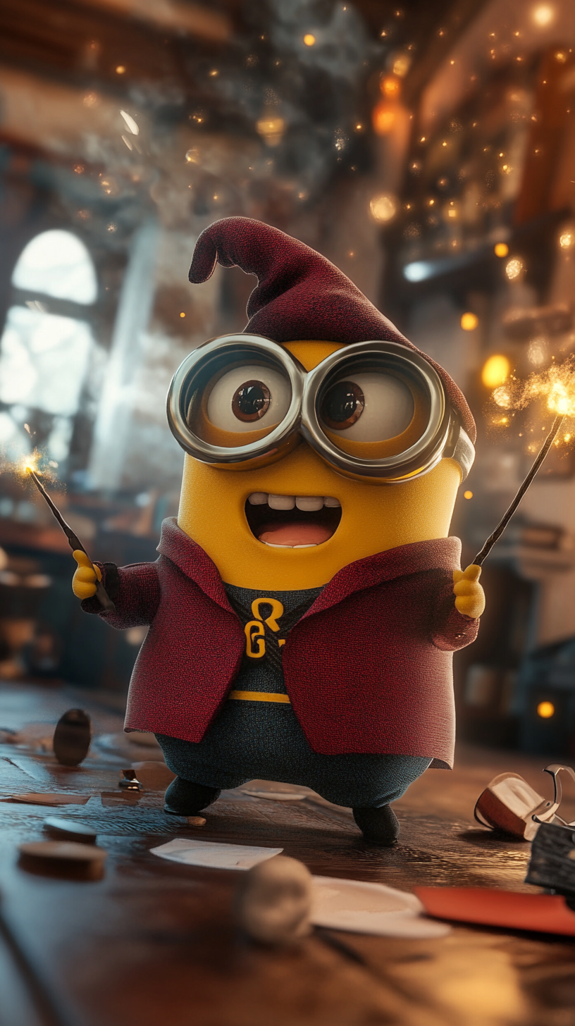 Chibi Minion in Gryffindor robes causing playful magic.