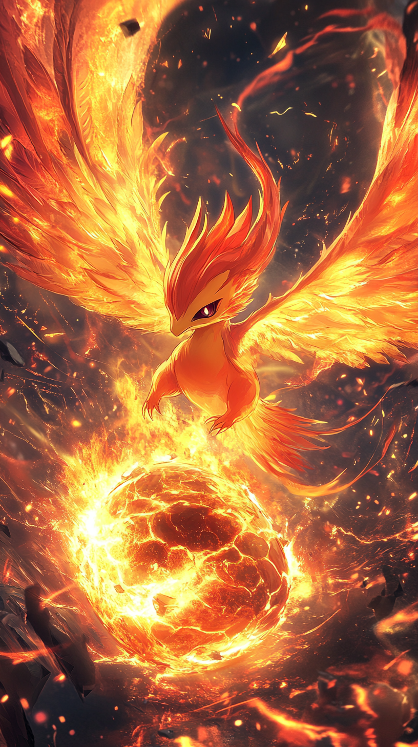 Chibi Moltres hatching from egg in fiery inferno.