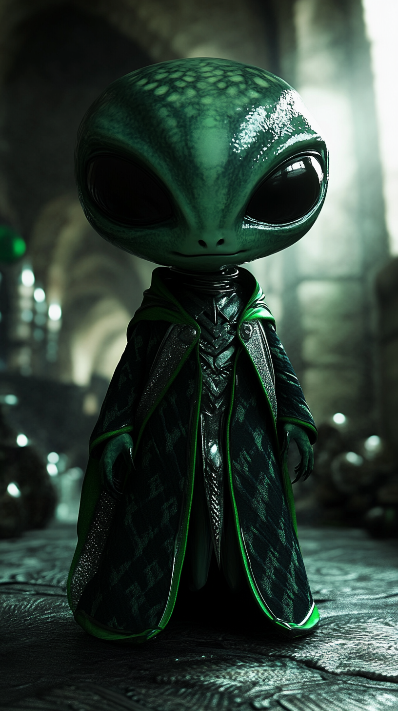 Chibi alien in Slytherin robes looks menacing.