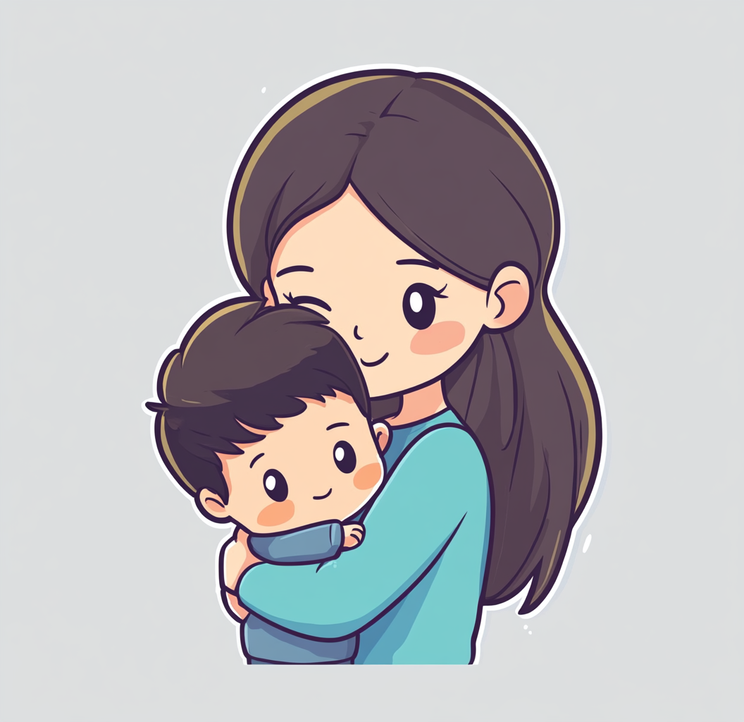 Chibi art style cartoon of mother hugging son.