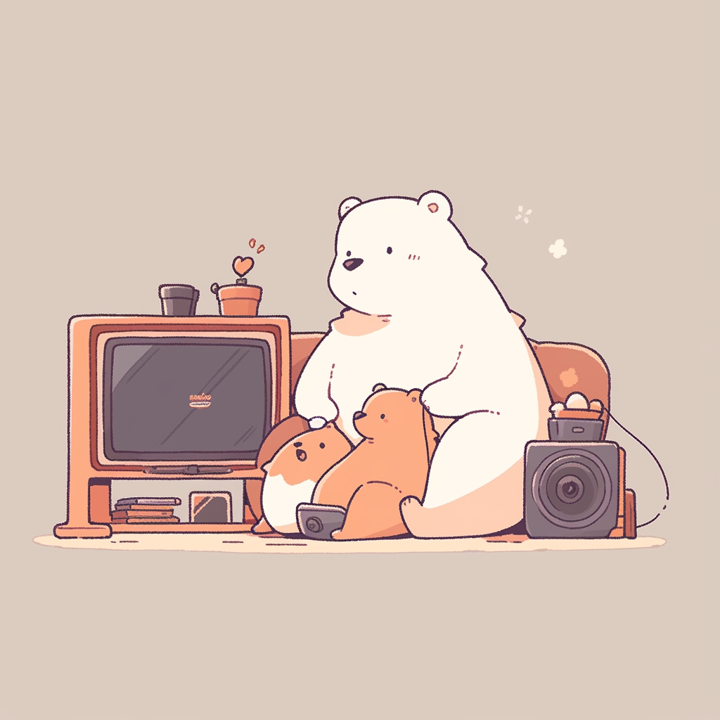 Chibi bear and cub watching TV on couch.