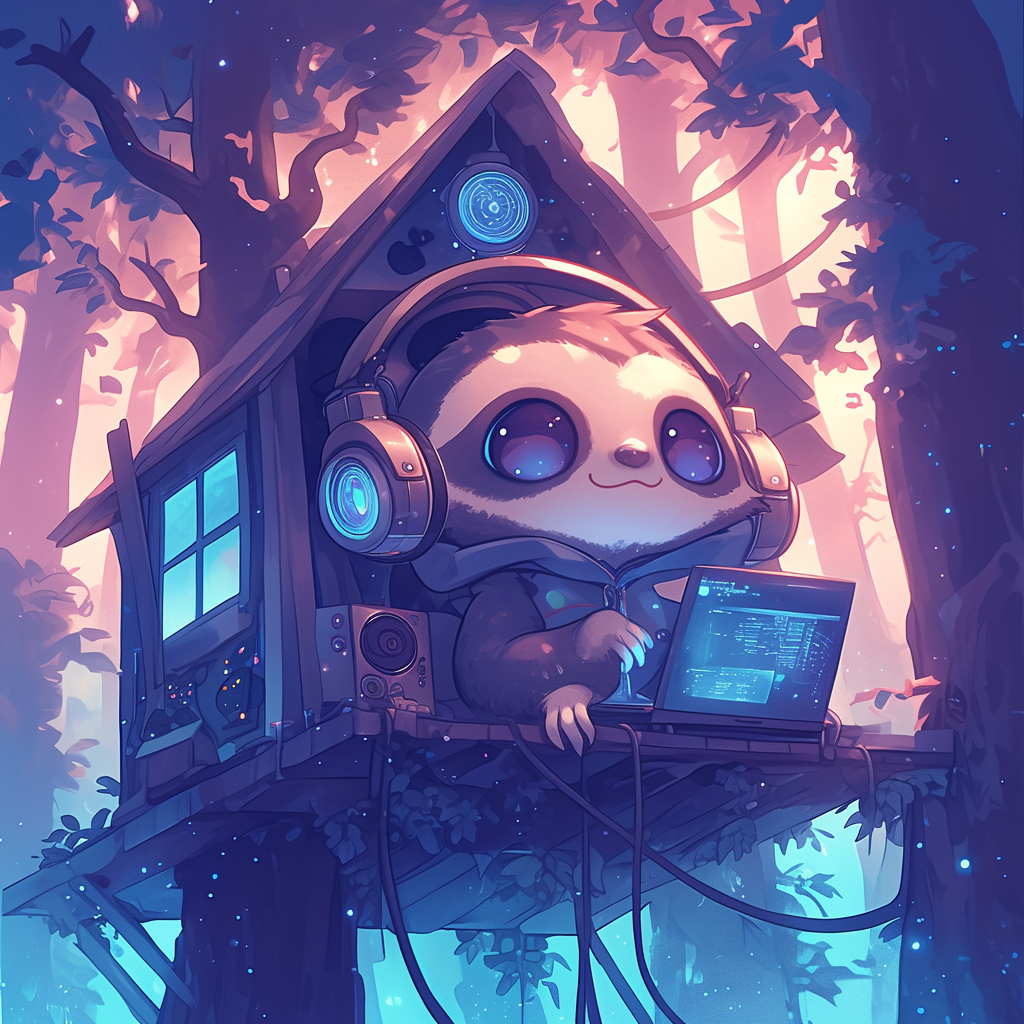 Chibi sloth in hoodie and headphones hacking in treehouse.