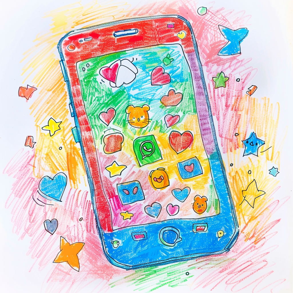 Child's drawing of smartphone with animal-shaped apps.