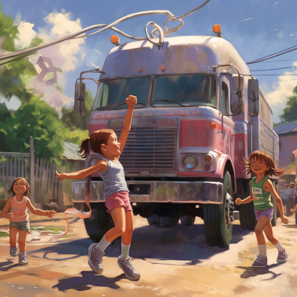 Children playing in the sun with garbage collection truck.