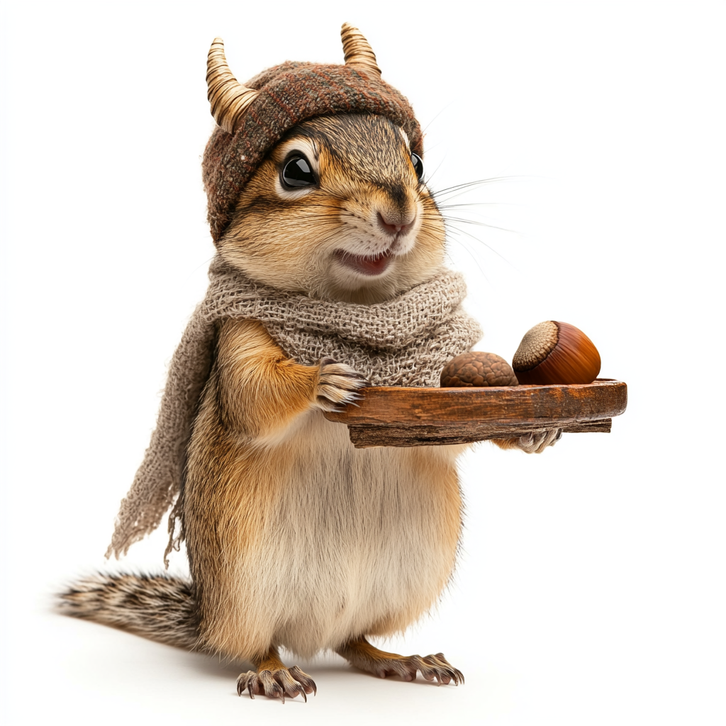 Chipmunk wearing Hennin holds acorn on wood tray