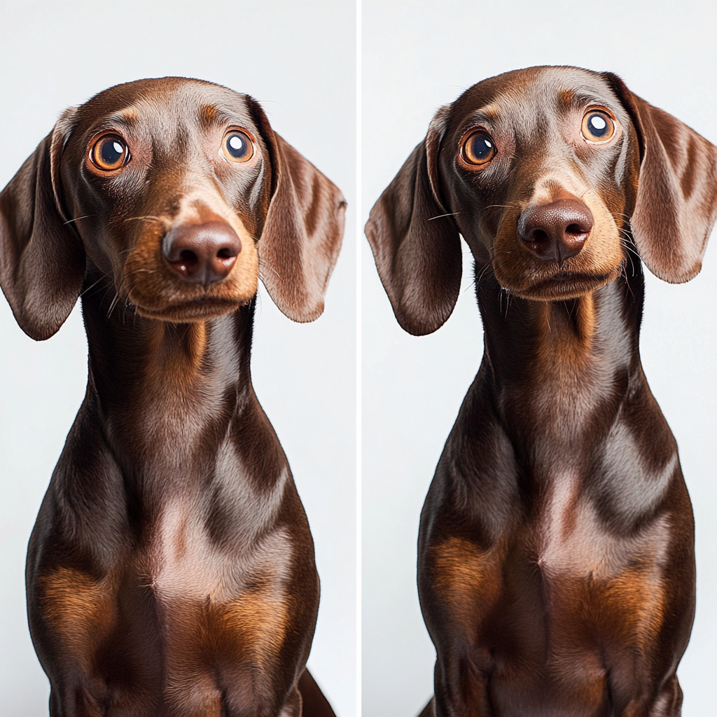 Chocolate dachshund sitting with warm and cool lighting studio.