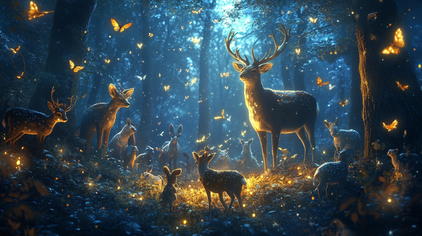 Christmas festival in gorgeous dark forest, with forest animals.