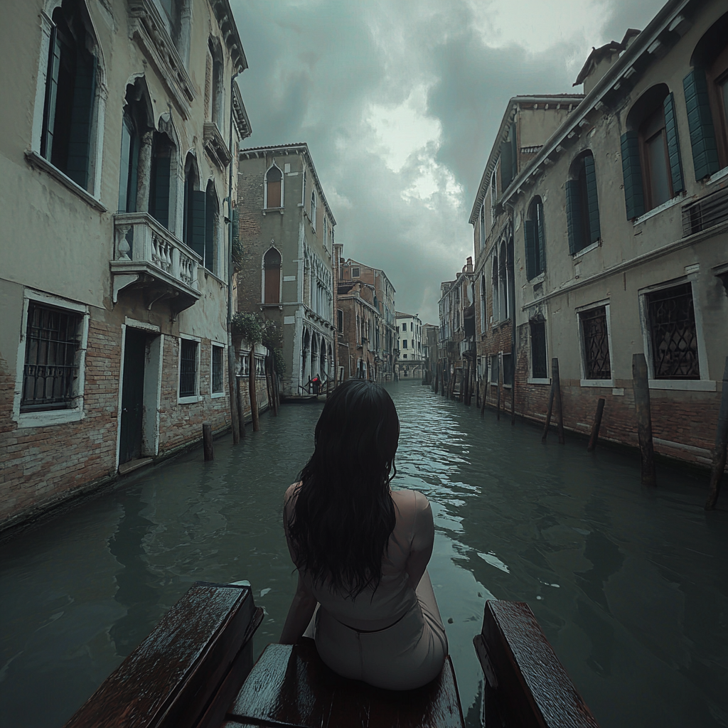 Cinematic photo of a girl in Venice canal, dramatic lighting.