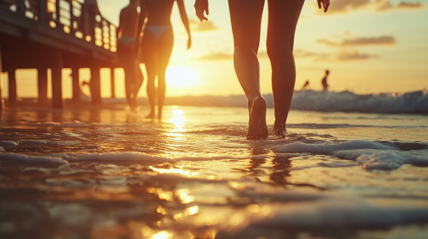 Cinematic photo of sunny beach with people enjoying themselves.