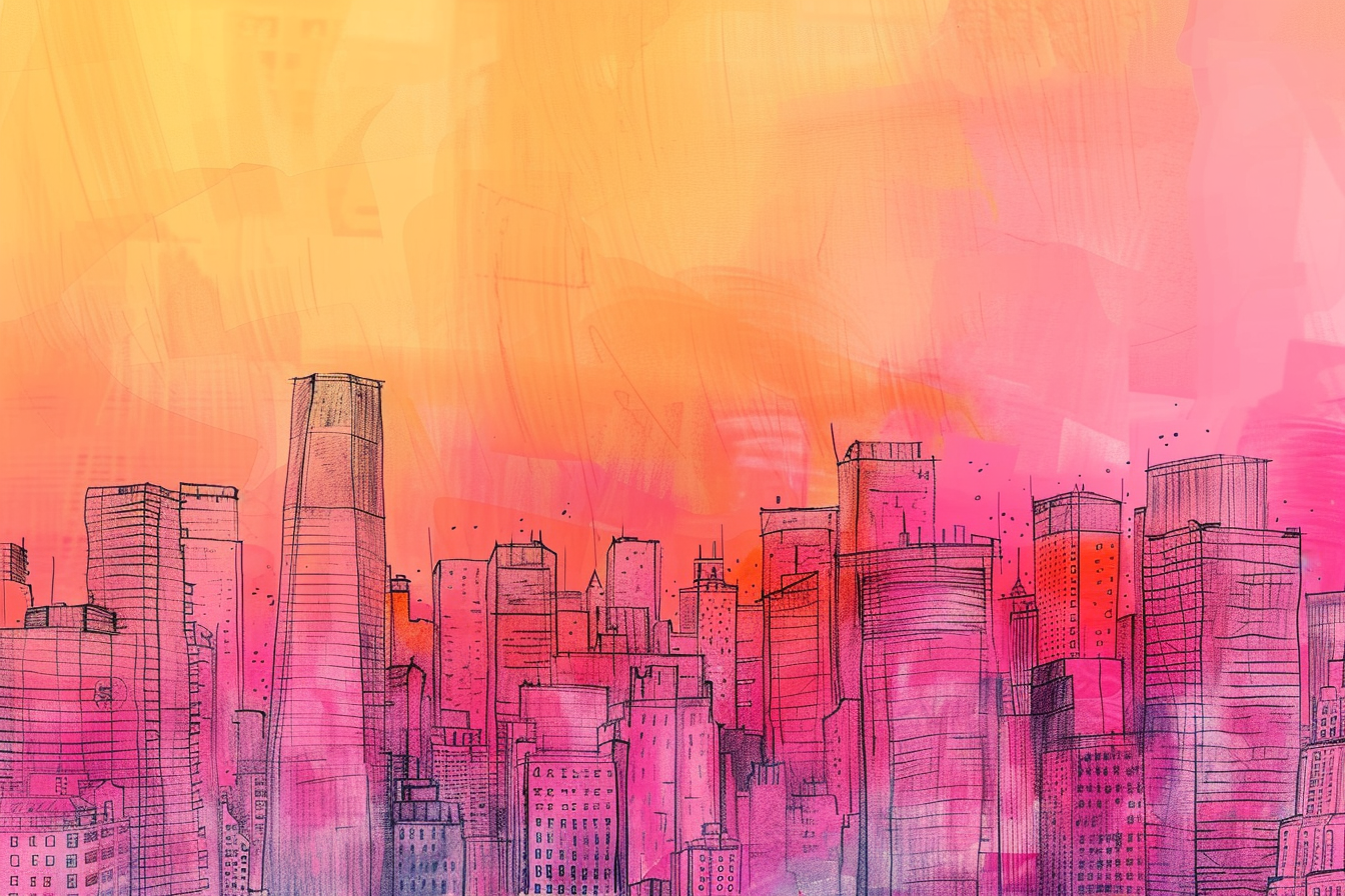 City skyline sketch with bold lines and colors.