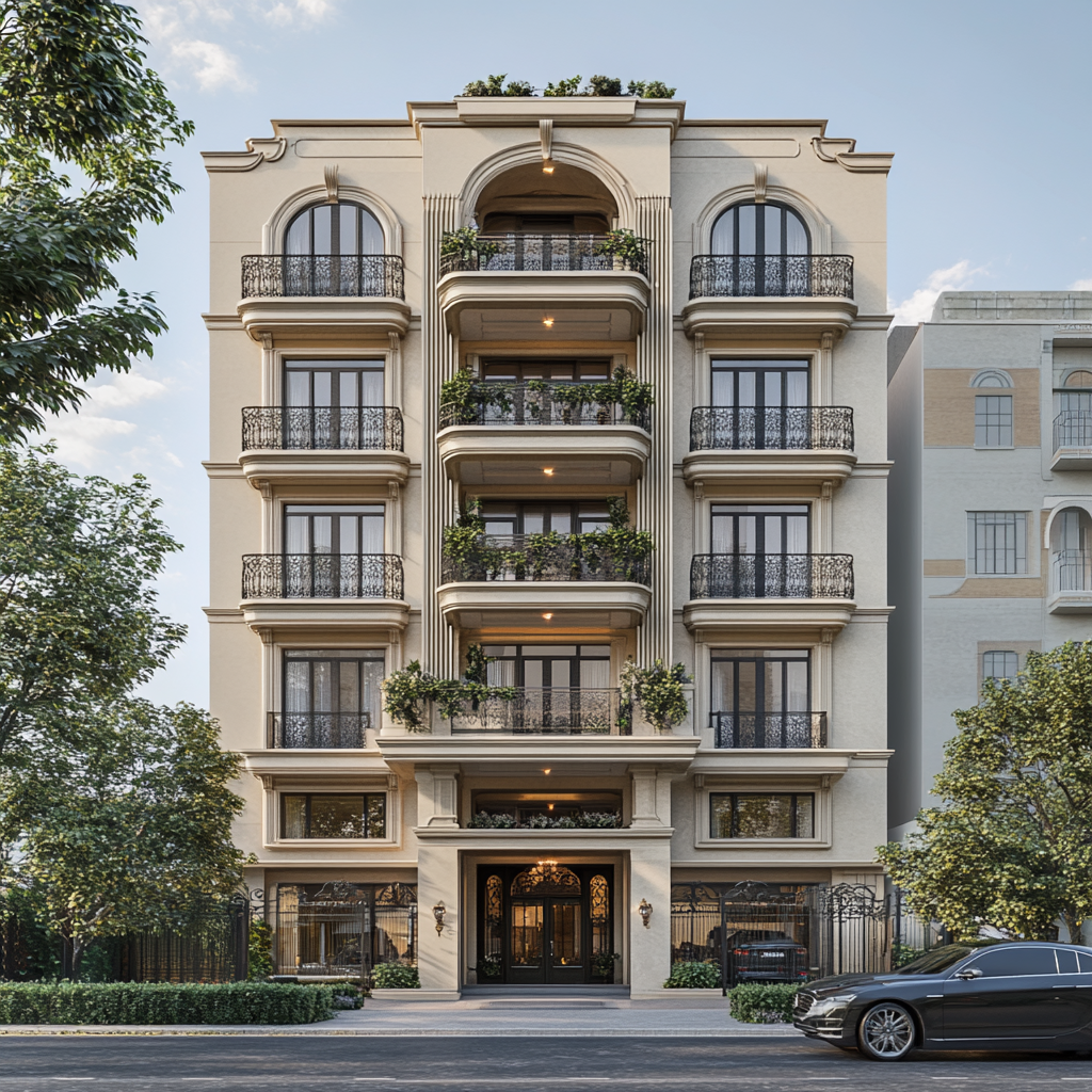 Classic design building with penthouse, balconies, and plants.