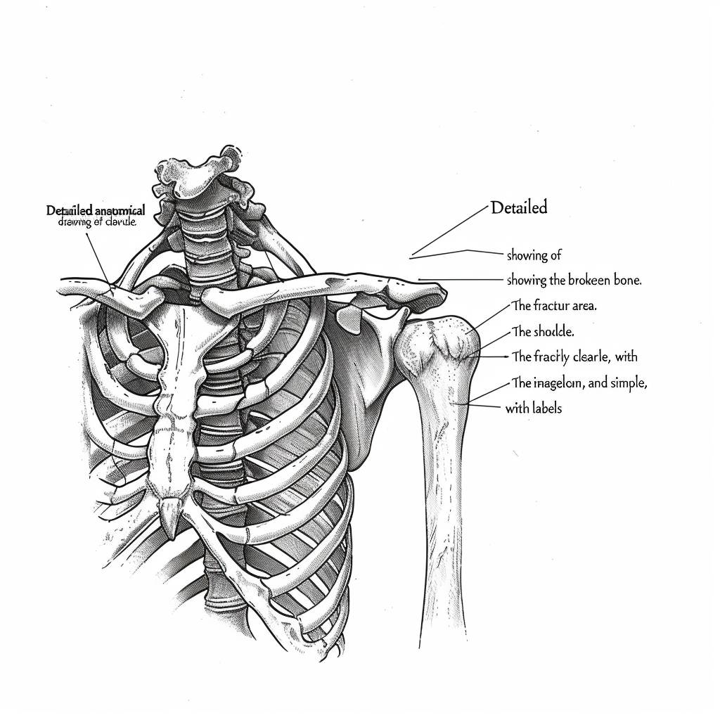 Clavicle fracture anatomy with clear fracture line and labels.