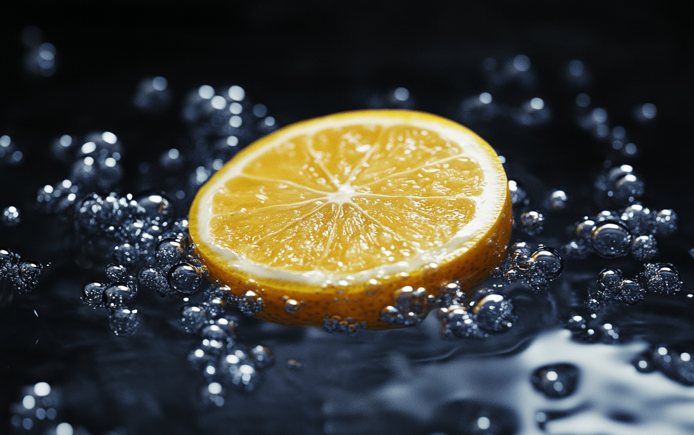 Close-up lemon slice in sparkling water, vibrant contrast.