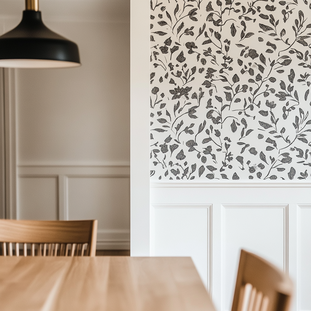 Close-up of dining room wall showcasing detailed wallpaper design.