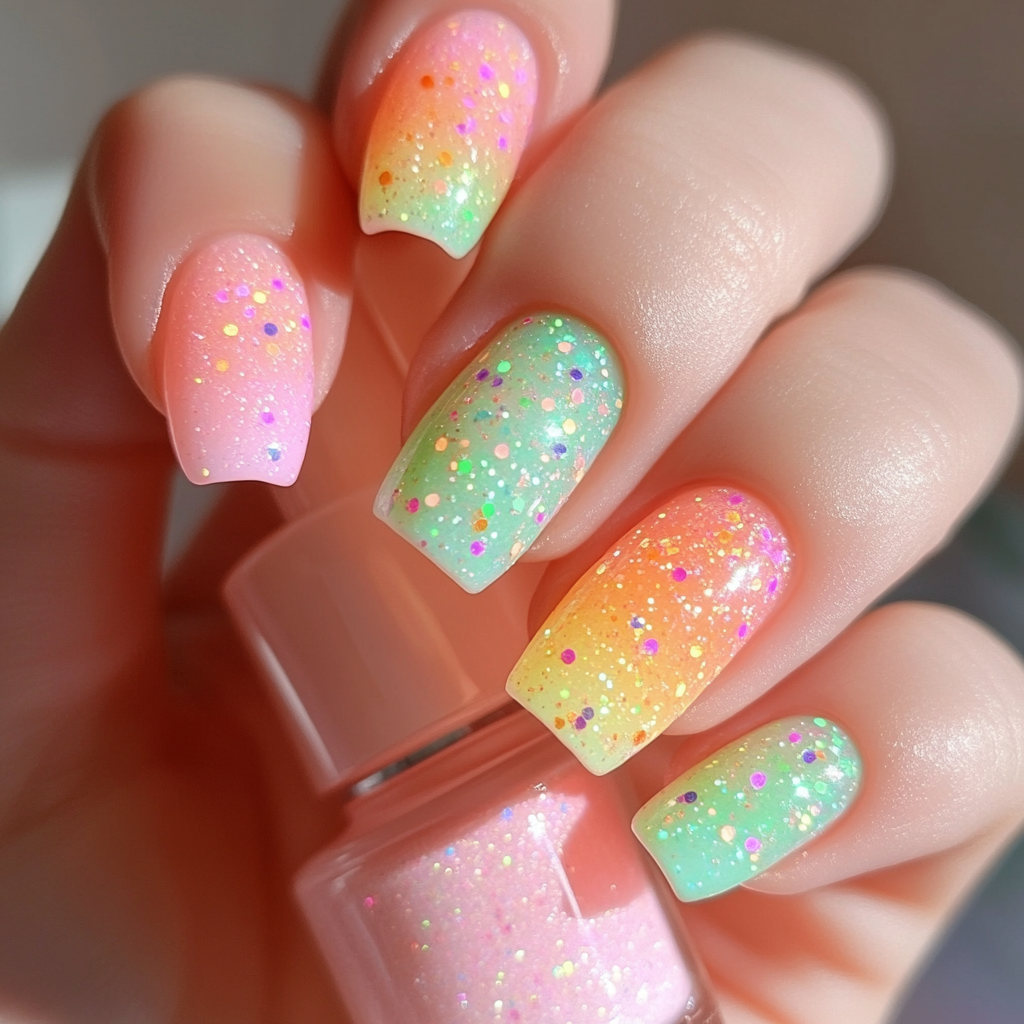 Close-up of hand with colorful, glittery nails and makeup.