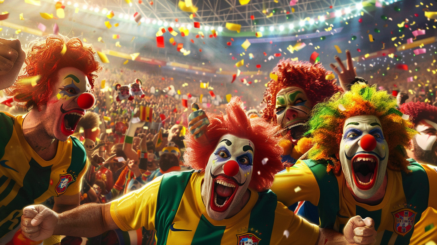 Clowns in Brazil jerseys celebrate in packed stadium.