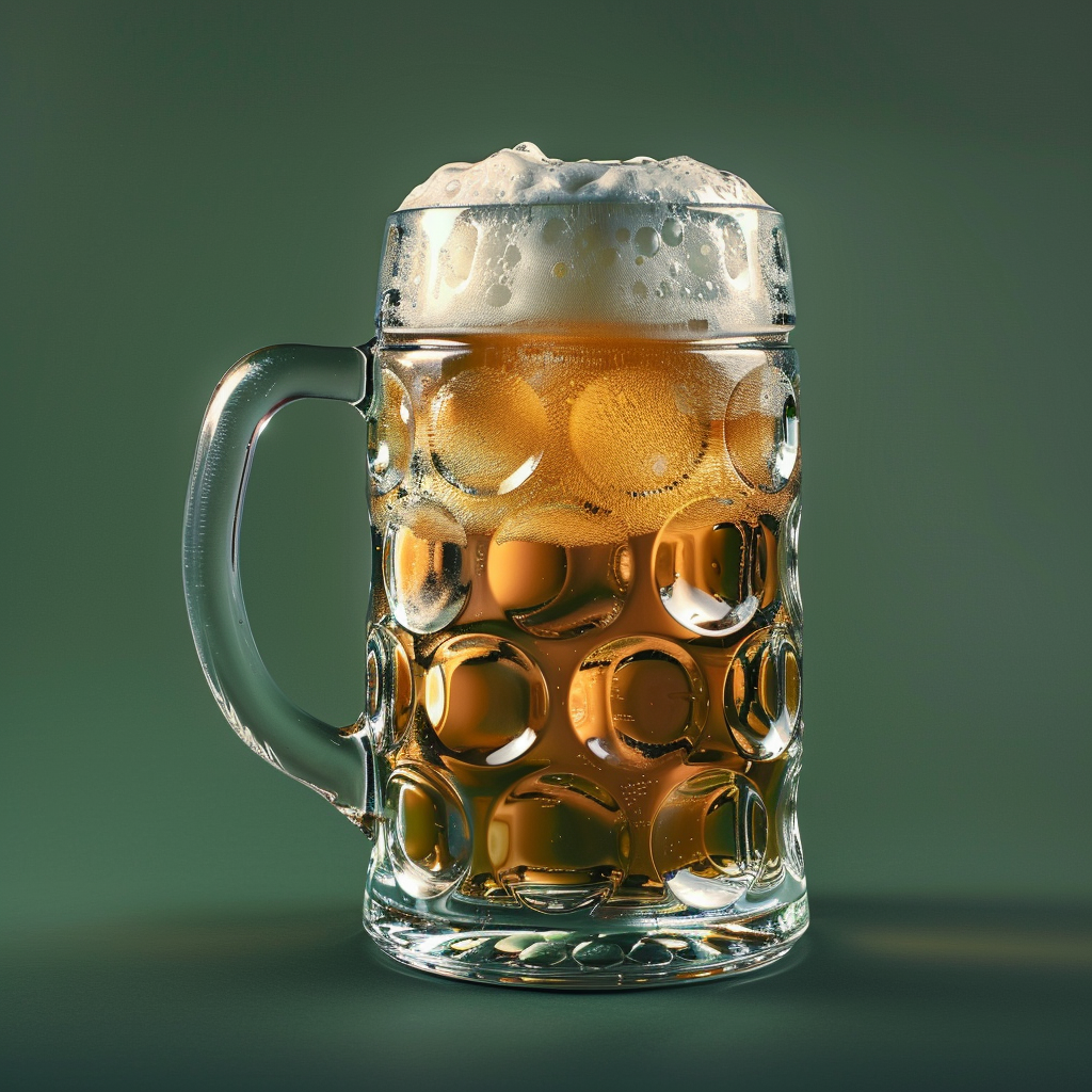 Cold Oktoberfest beer mug from below, dark green background