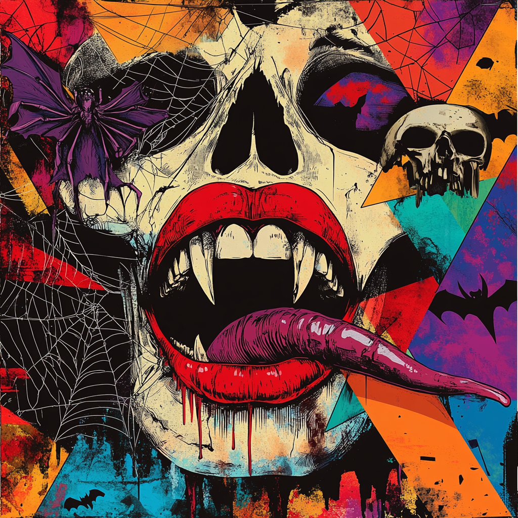 Collage with skulls, bats, triangles, spiders, webs, vampire lips.