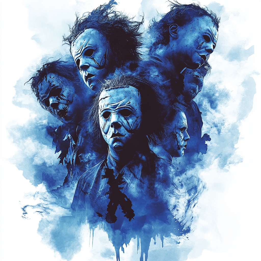 Collection of Michael Myers in menacing poses, horror movie style.