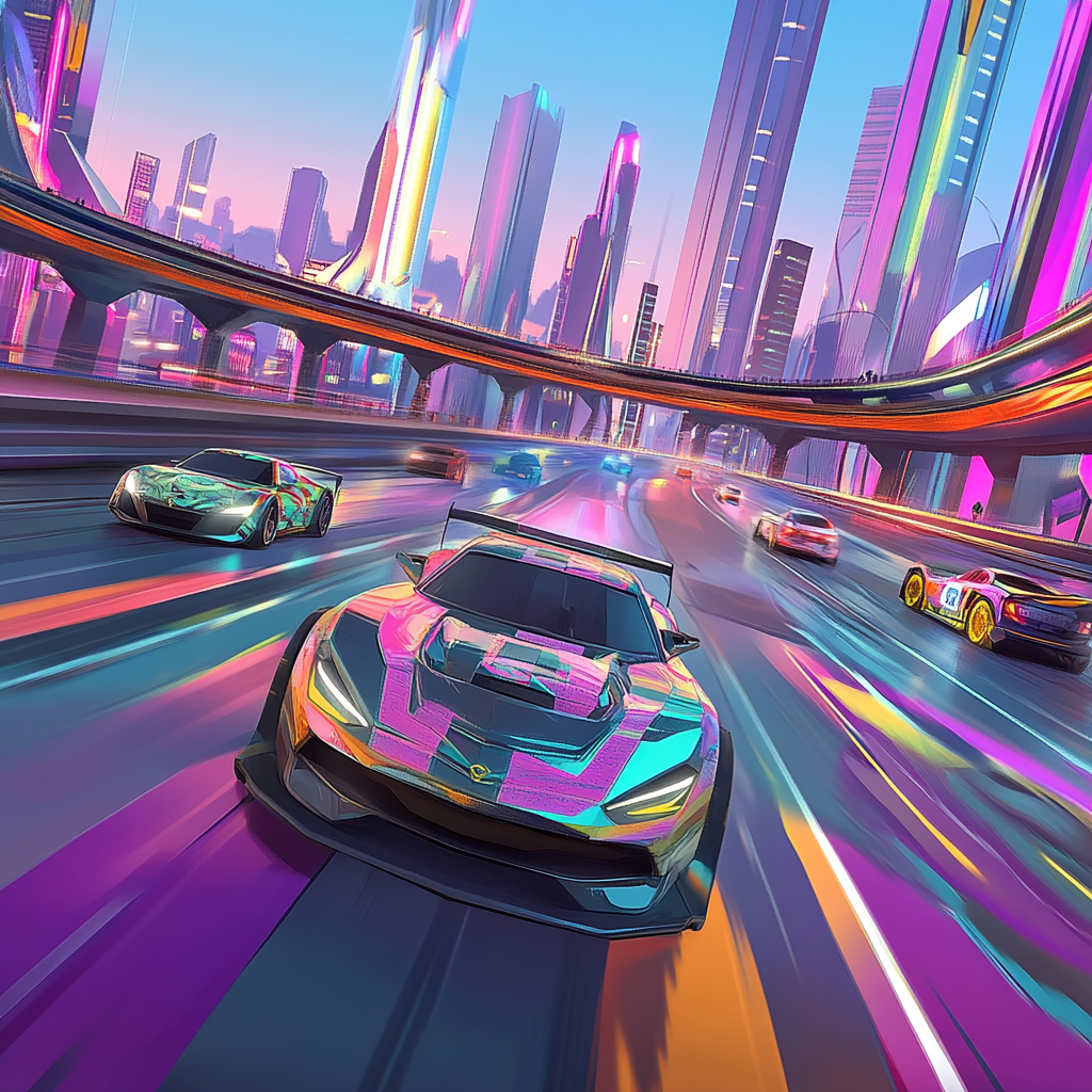 Colorful cars racing through city with neon skyscrapers.