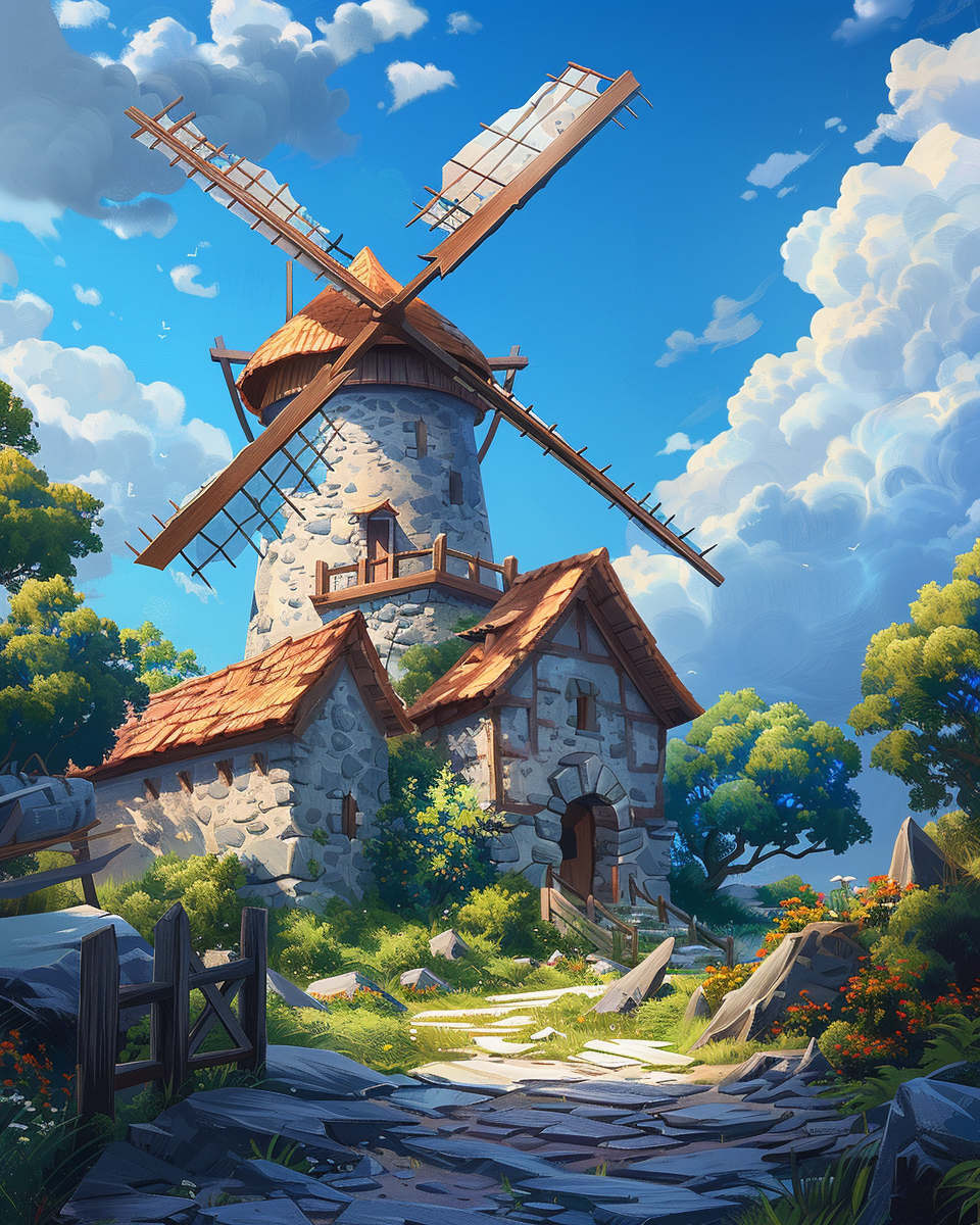 Colorful cartoon windmill powers village and Skyrim tools.