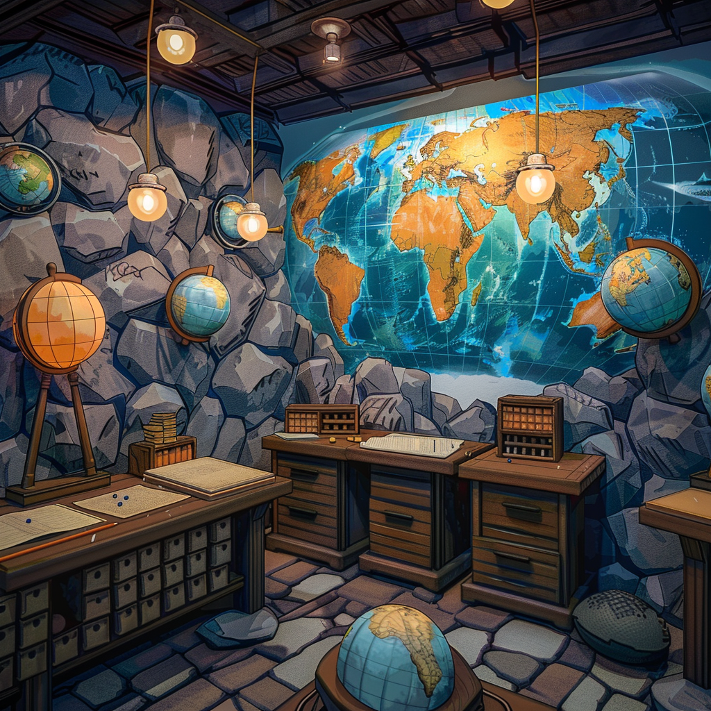 Colorful classroom with maps, globes, rocks, curious students.