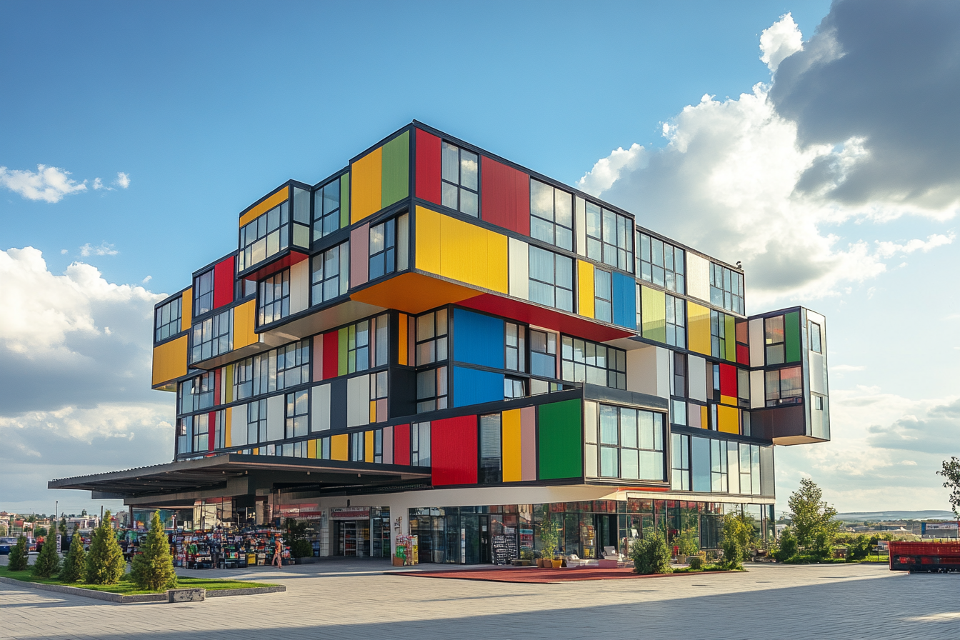 Colorful concrete cube building with offices, hotel, pool, garage.